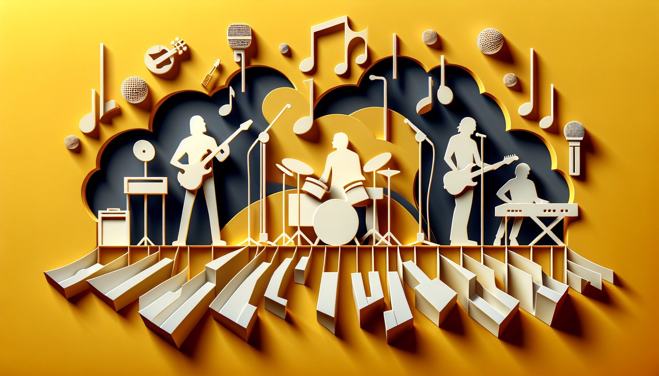 Paper art illustration featuring guitar, microphone, winding desert road rock band quiz theme on golden yellow background