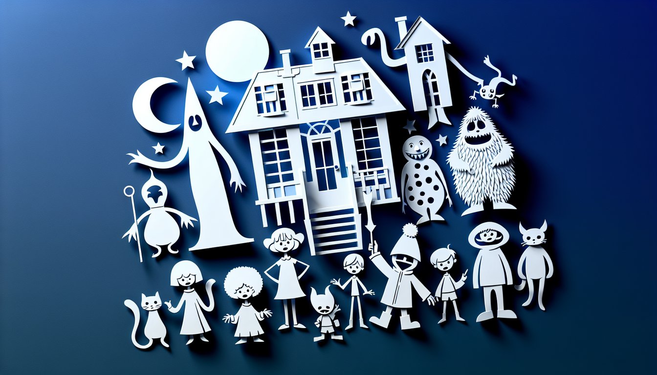 Paper art of playful imaginary friends on dark blue backdrop with bright shapes and text hinting at a fun personality quiz