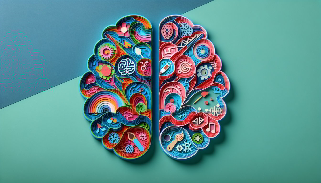 paper art brain split left side gears and numbers, right side paint brush strokes and colors on teal background