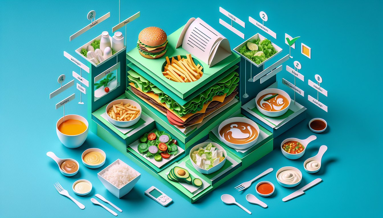 Paper art illustration for a lunch choice quiz on a teal background.