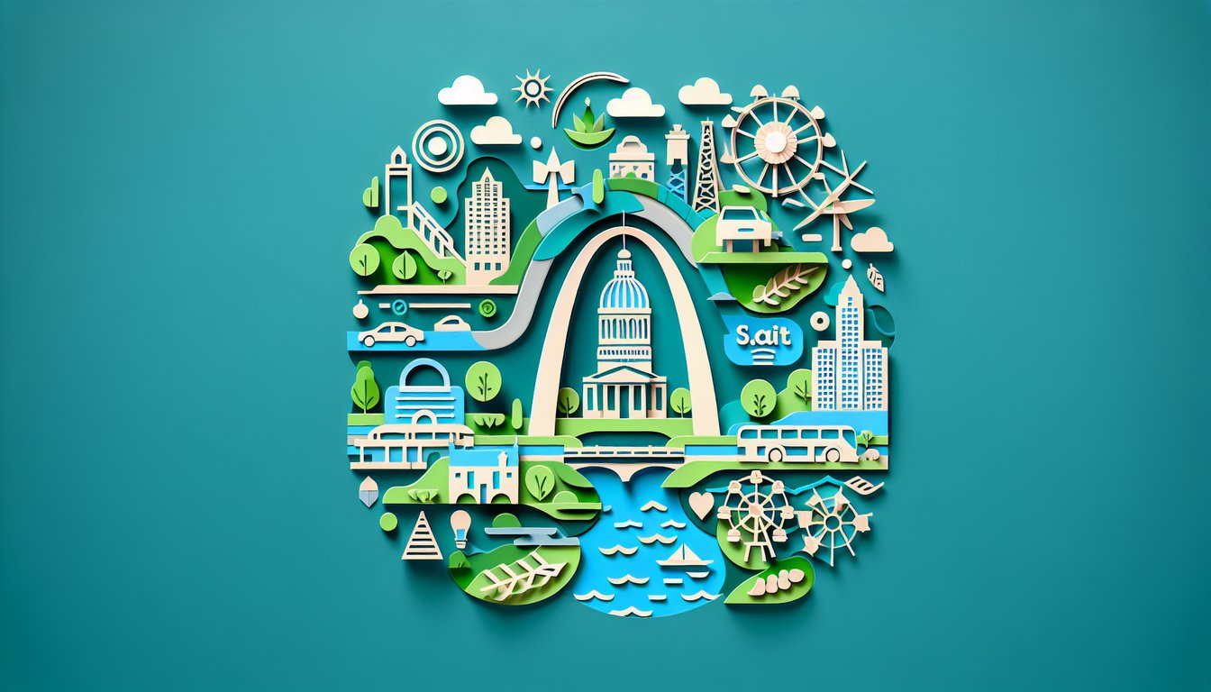 Paper art illustration for St. Louis trivia quiz on a teal background