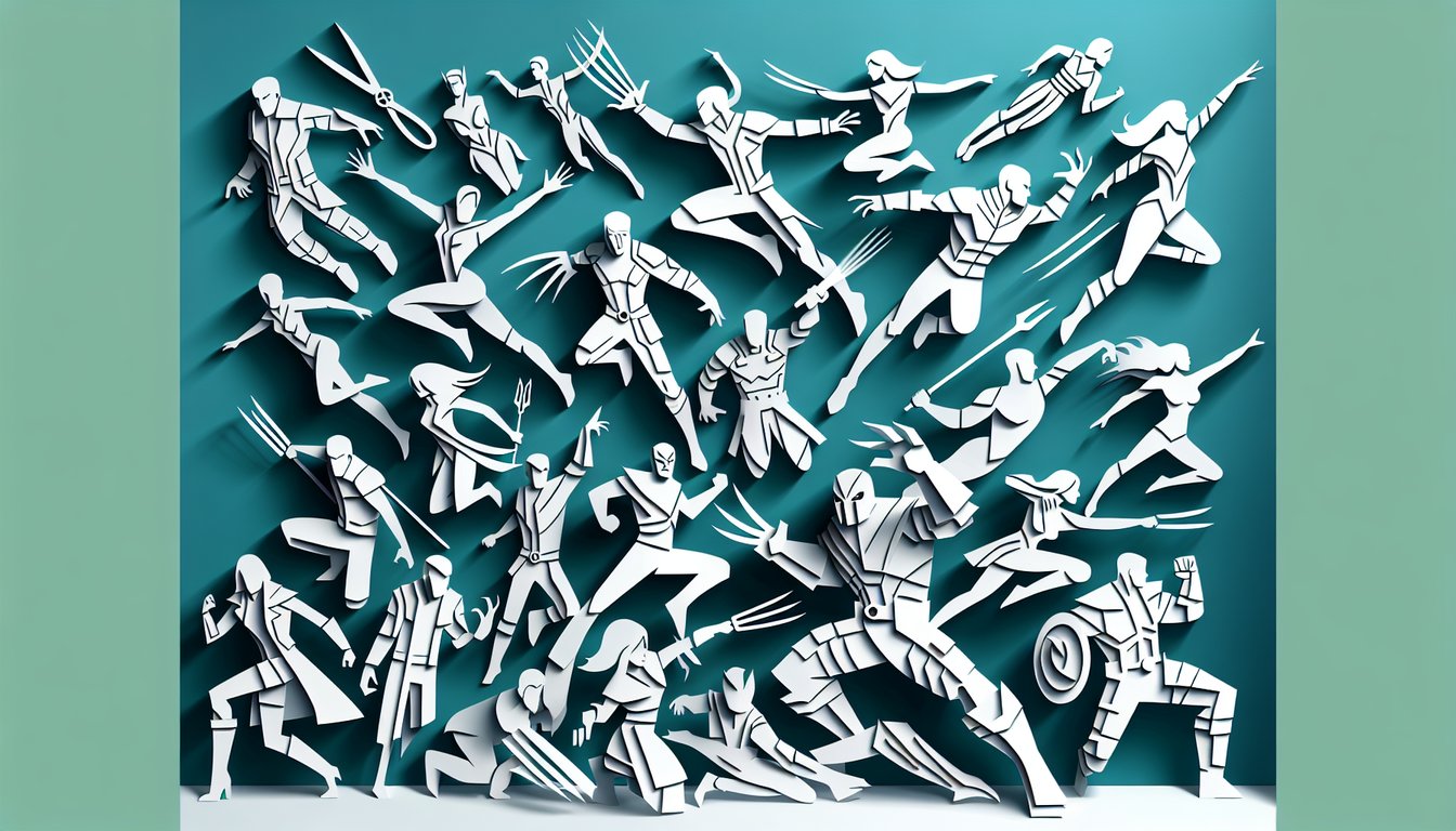 Teal background paper art X-Men quiz scene with folded paper silhouettes of iconic mutants and bold comic book accents