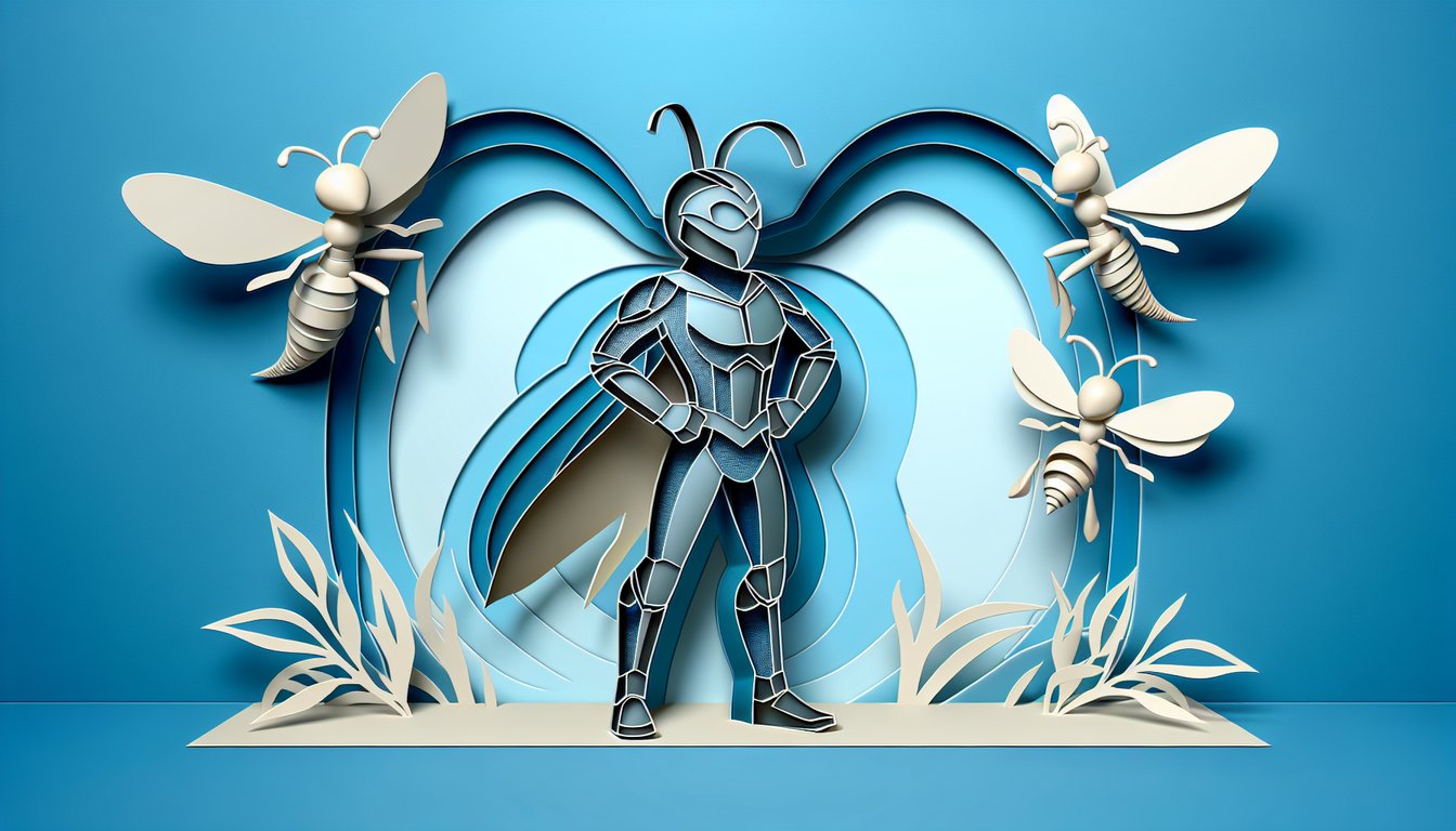 Paper art style depicting Ant-Man and the Wasp Quantumania quiz on sky blue background with hero shapes and share icons