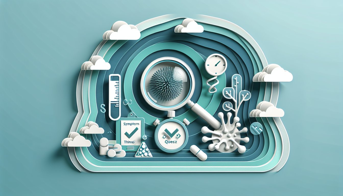 Paper art illustration of a symptom quiz form and icons for yeast infection and STD on a teal background