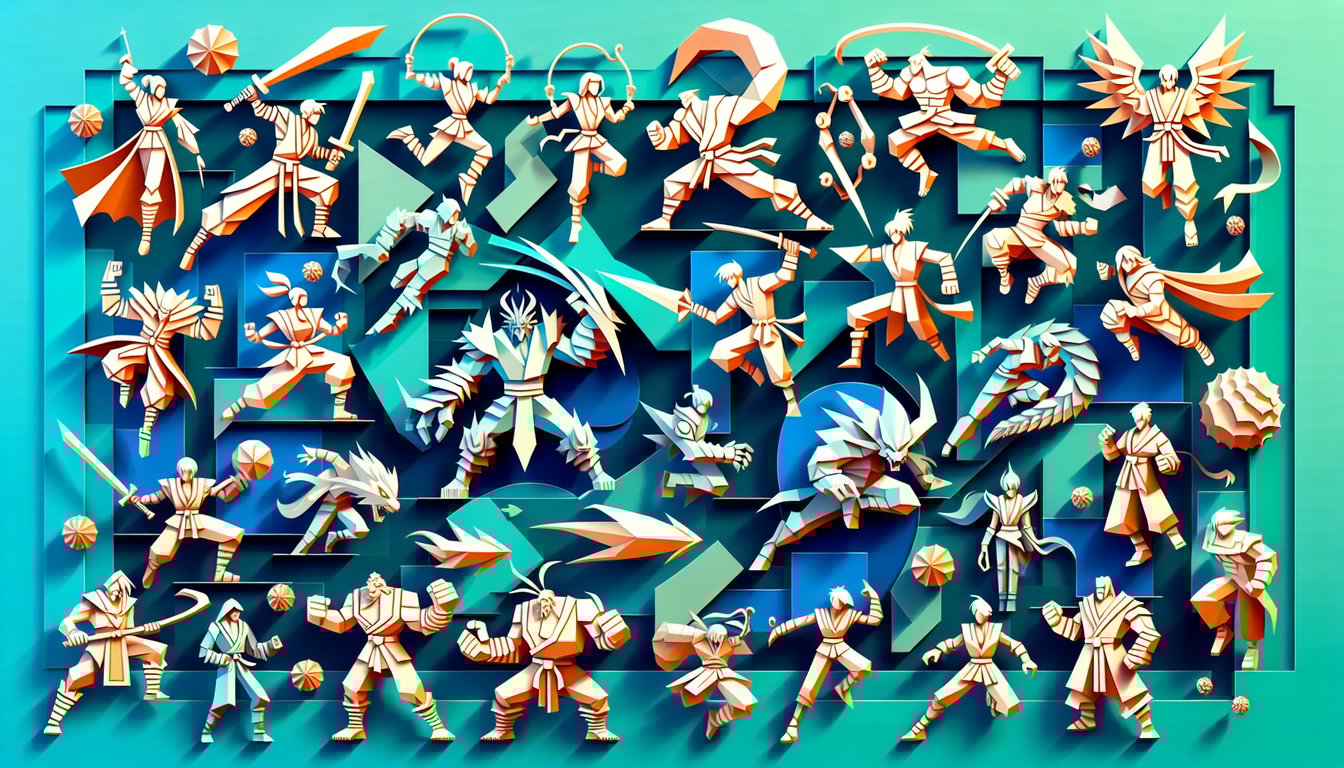 Paper art collage of stylized Smash Bros characters on teal background for play style quiz to find your fighter