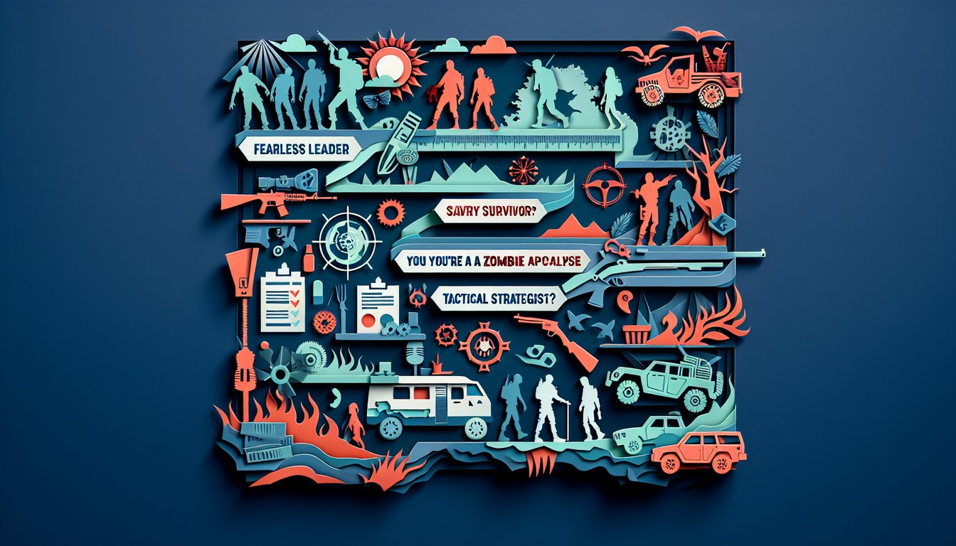 Paper art illustration with layered zombie silhouettes and survivor figures on dark blue background for apocalypse quiz