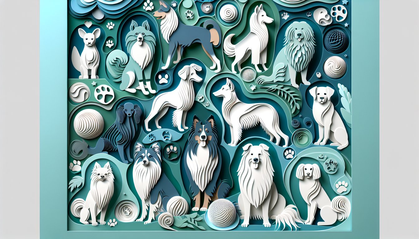 Paper art dog silhouettes and quiz text on teal background promoting free AKC breed spelling and capitalization challenge