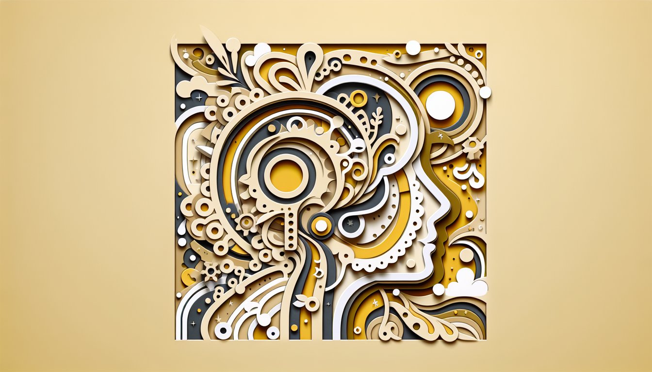 Layered paper art shapes and chat bubbles on golden yellow background for a free uplifting personality quiz