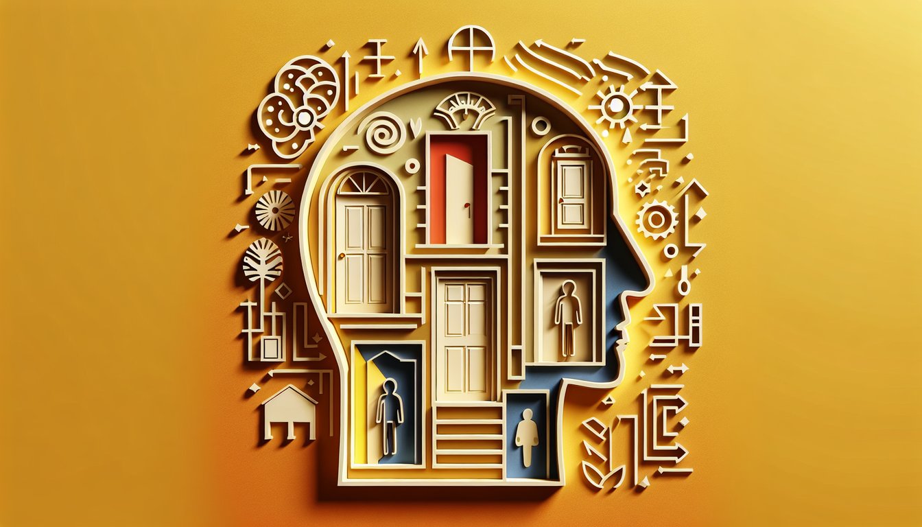 Paper art brain silhouettes interlocked on golden yellow background quiz on schizoid versus schizotypal traits