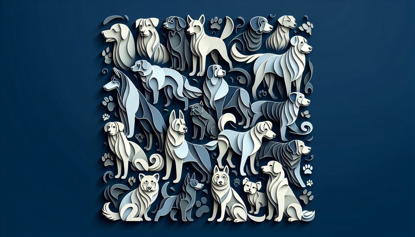 Paper art quiz illustration about finding your dogs perfect name on a dark blue background
