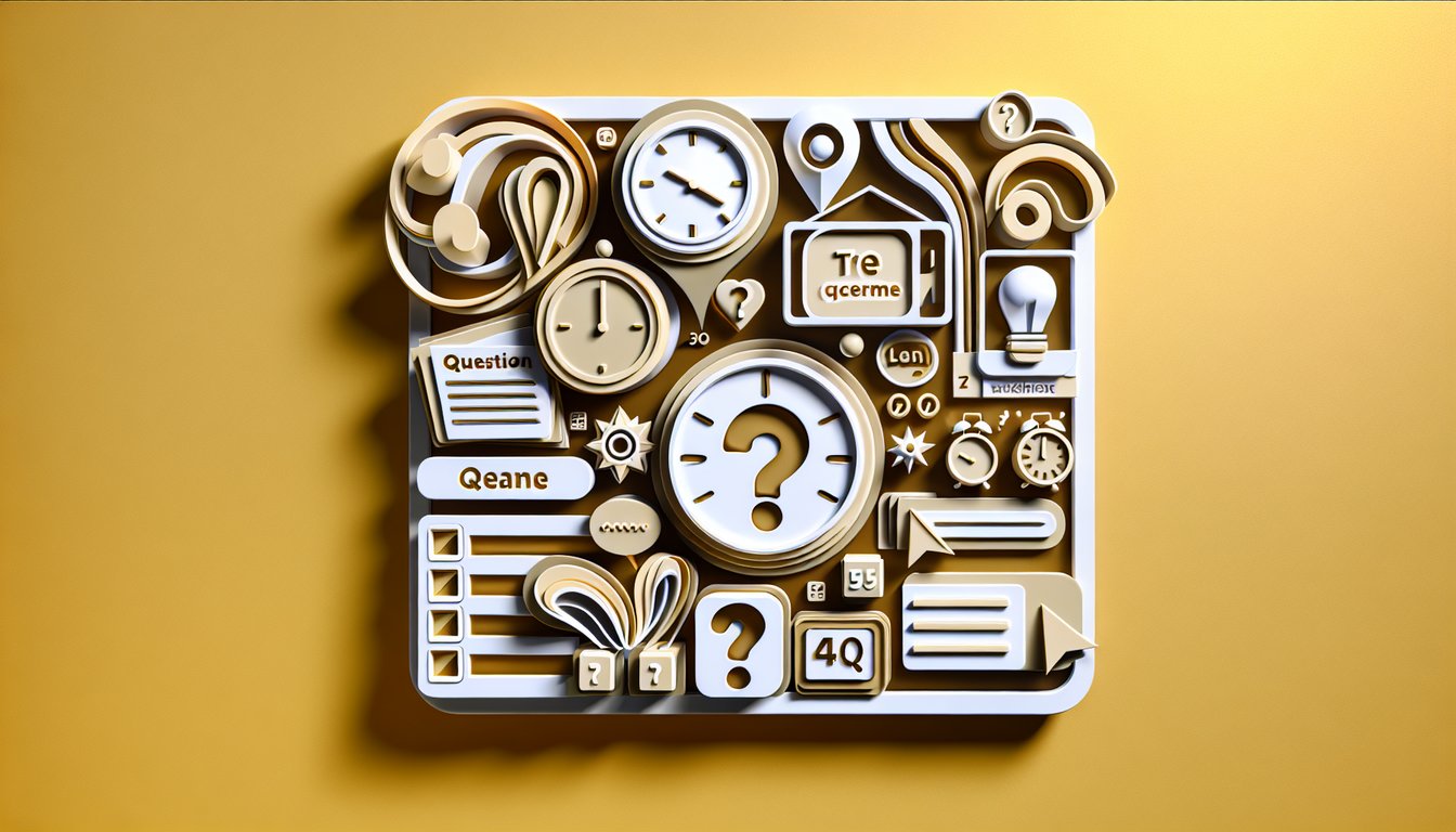 Paper art style quiz icons on golden yellow background evoking fun online quizzes
