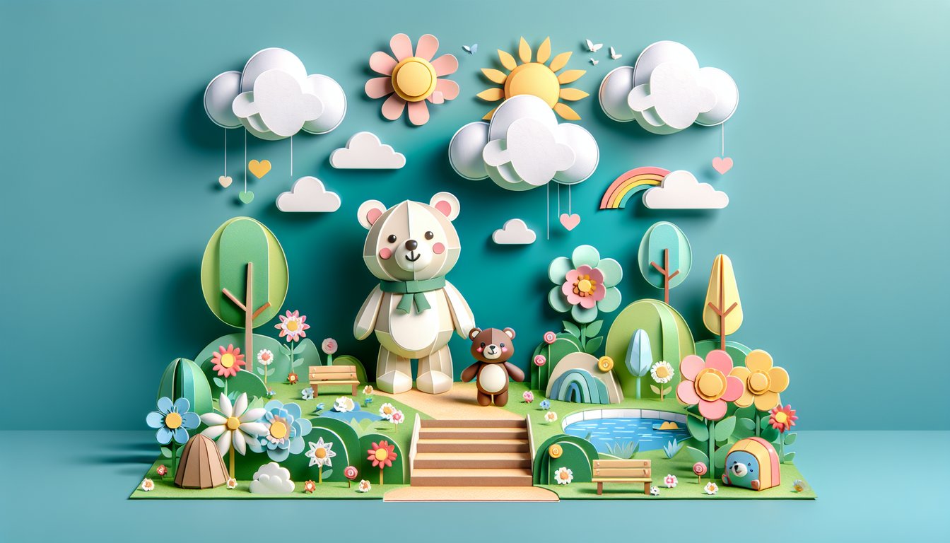 Paper art illustration for a Care Bear personality quiz on a teal background.