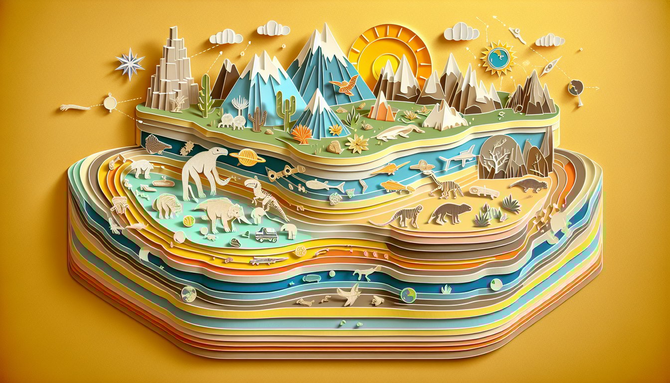 Paper art illustration of geologic time scale with layered strata, fossils, and quiz icons on golden yellow background