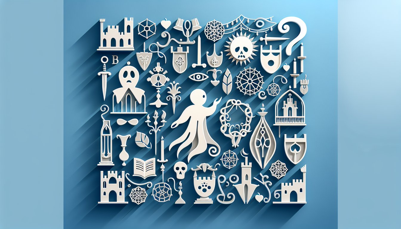 Paper art illustration for Hamlet Act 1 quotes quiz on a sky blue background
