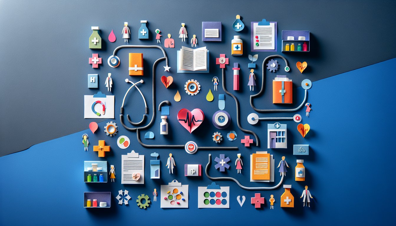 Colorful paper art depicting elements related to Integrated Healthcare Knowledge Quiz.