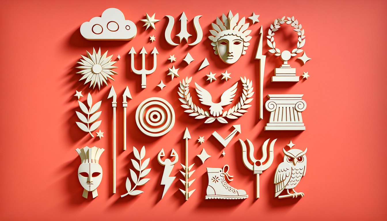 Paper art illustration with Greek god symbols lightning bolt trident olive wreath on coral background for Percy Jackson quiz