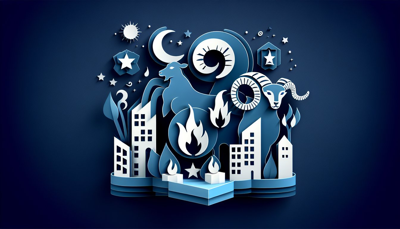 Paper art illustration showing Aries ram horns and text inviting quiz to test bold passionate nature on dark blue background