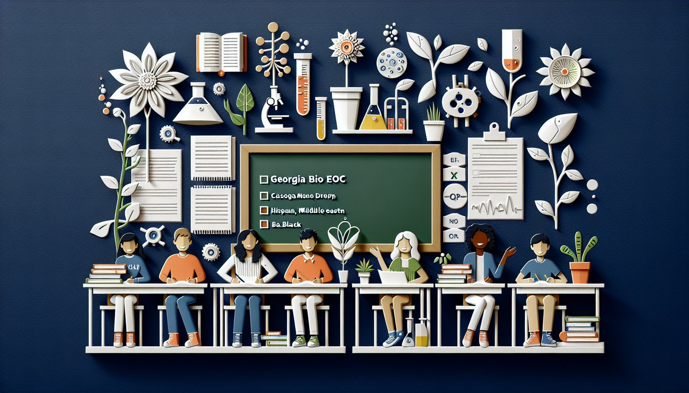 Paper art promoting a Georgia Bio EOC Prep quiz for high school biology students.