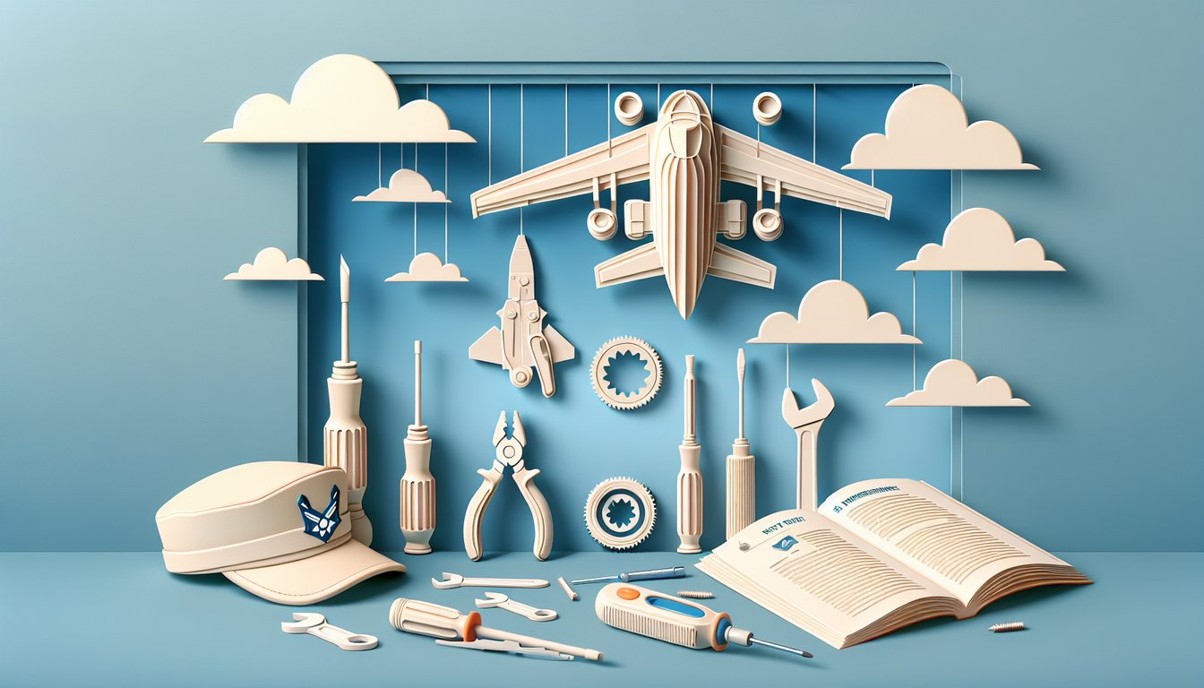 Paper art Air Force maintenance quiz 2AX7X CDC Volume 1 icons protocols troubleshooting on sky blue background