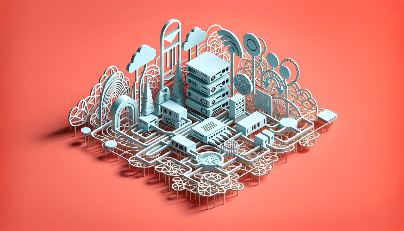 Paper cut routers cables network nodes on coral background, for a router functions quiz on routing paths and subnets