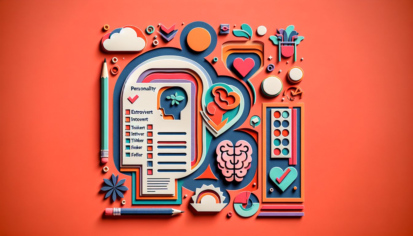 Paper art illustration for dominant personality quiz with layered cutouts and bold icons on coral background