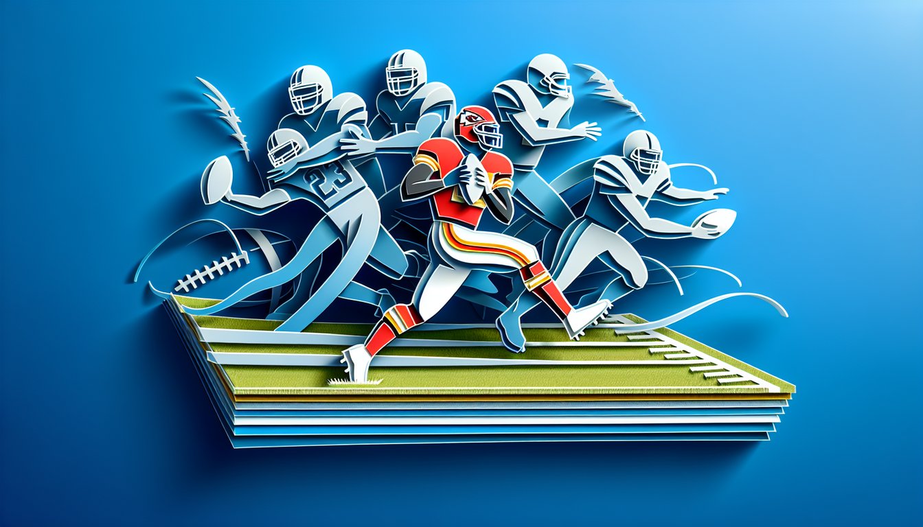 Paper art illustration for Kansas City Chiefs trivia quiz on a sky blue background.
