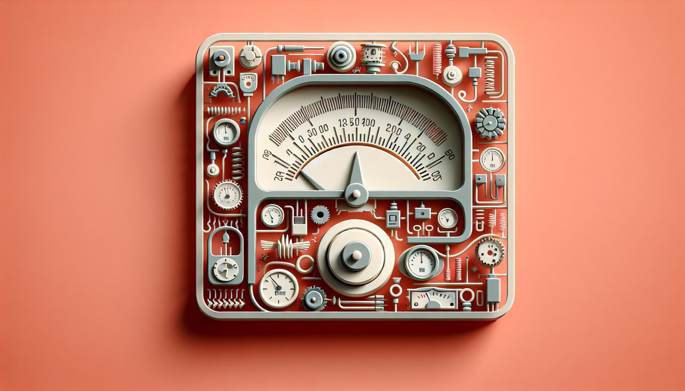 Paper art multimeter wires circuit testing symbols on coral background promoting free meter reader skills quiz