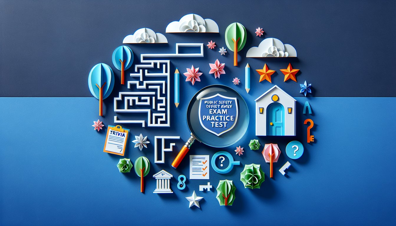 Colorful paper art illustrating a quiz for Public Safety Officer Exam Practice Test