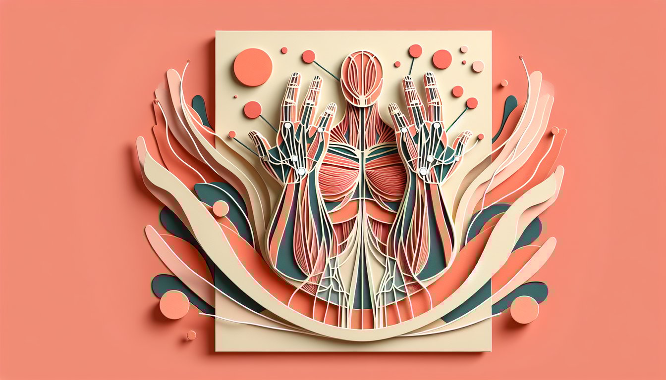 Paper art illustration of upper limb muscles and nerves on coral background advertising free upper extremity muscles quiz