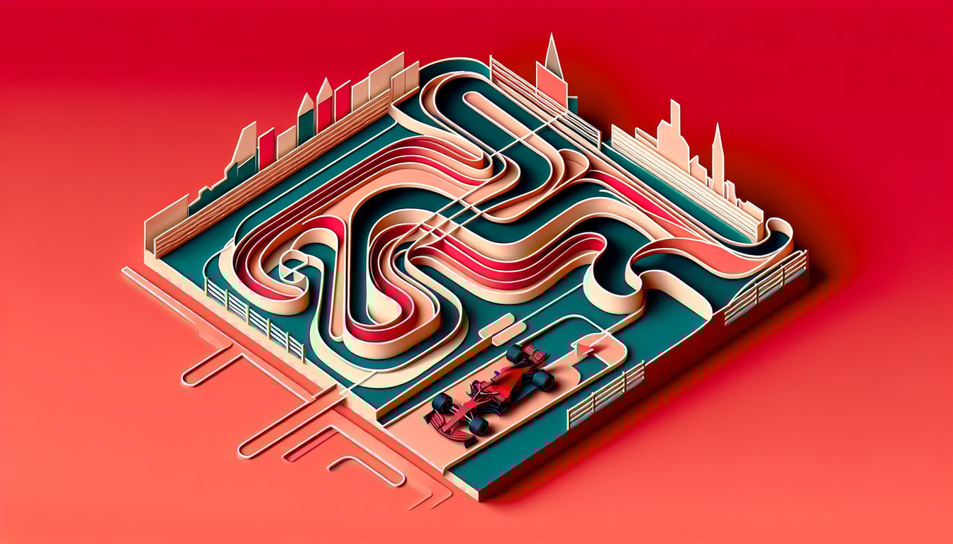 Paper art illustration of F1 track layouts and checkered flag shapes on coral background for quiz banner.