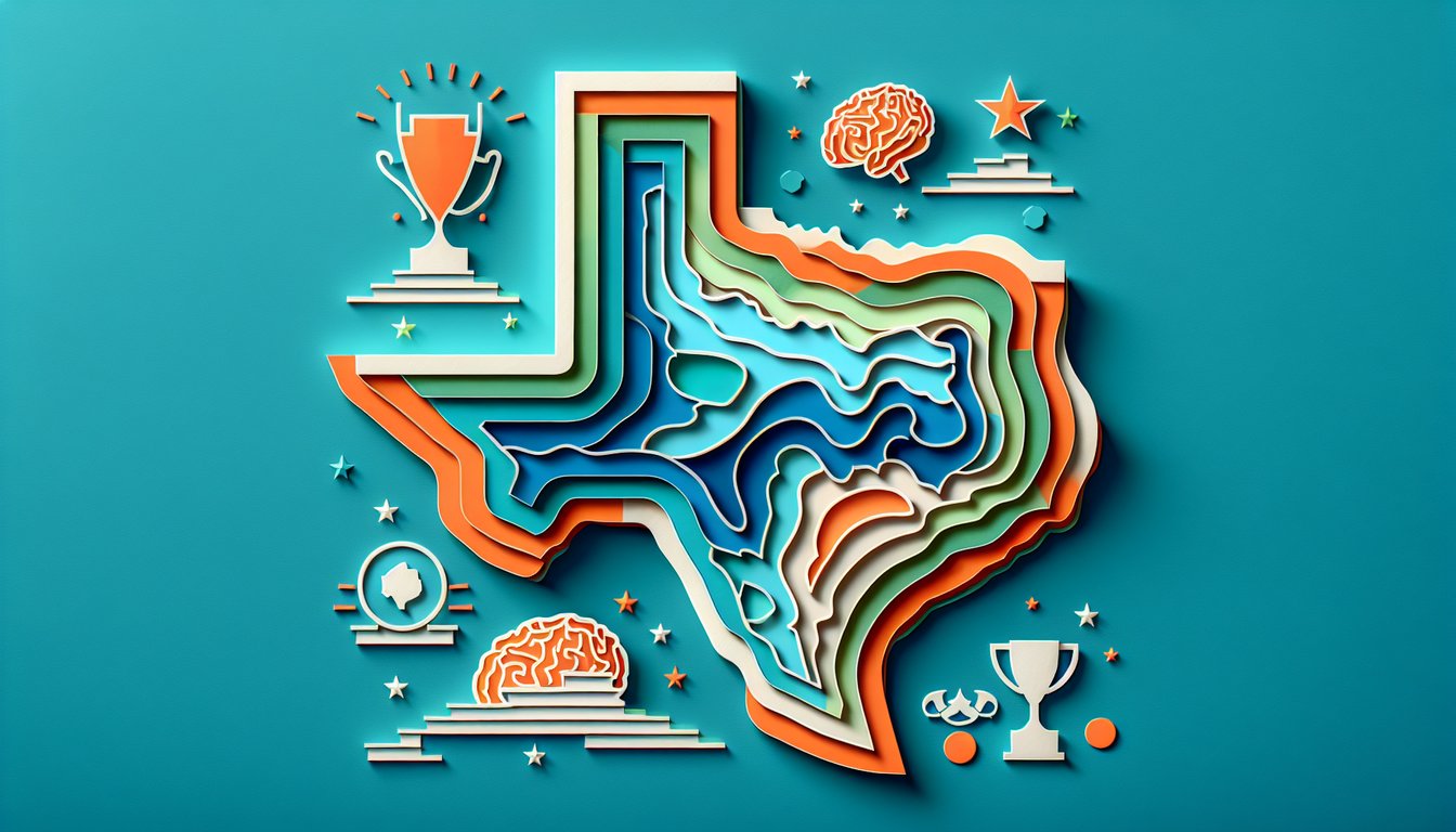 Paper art Texas map on teal background with puzzle counties and quiz inviting you to test knowledge of 254 counties