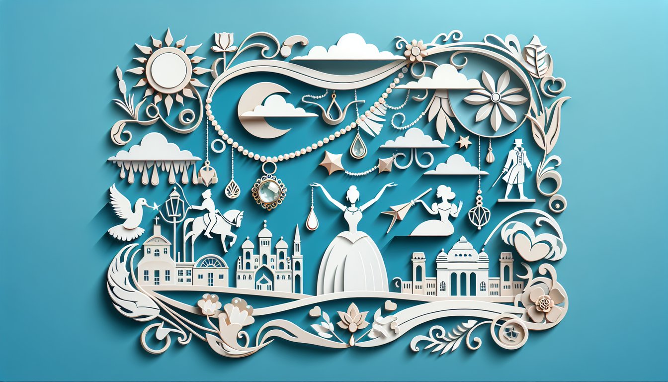 Paper art illustration for The Necklace Quiz on a sky blue background