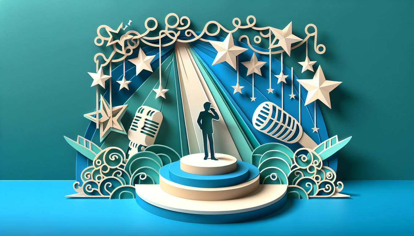Paper art illustration for Am I Famous quiz on a teal background