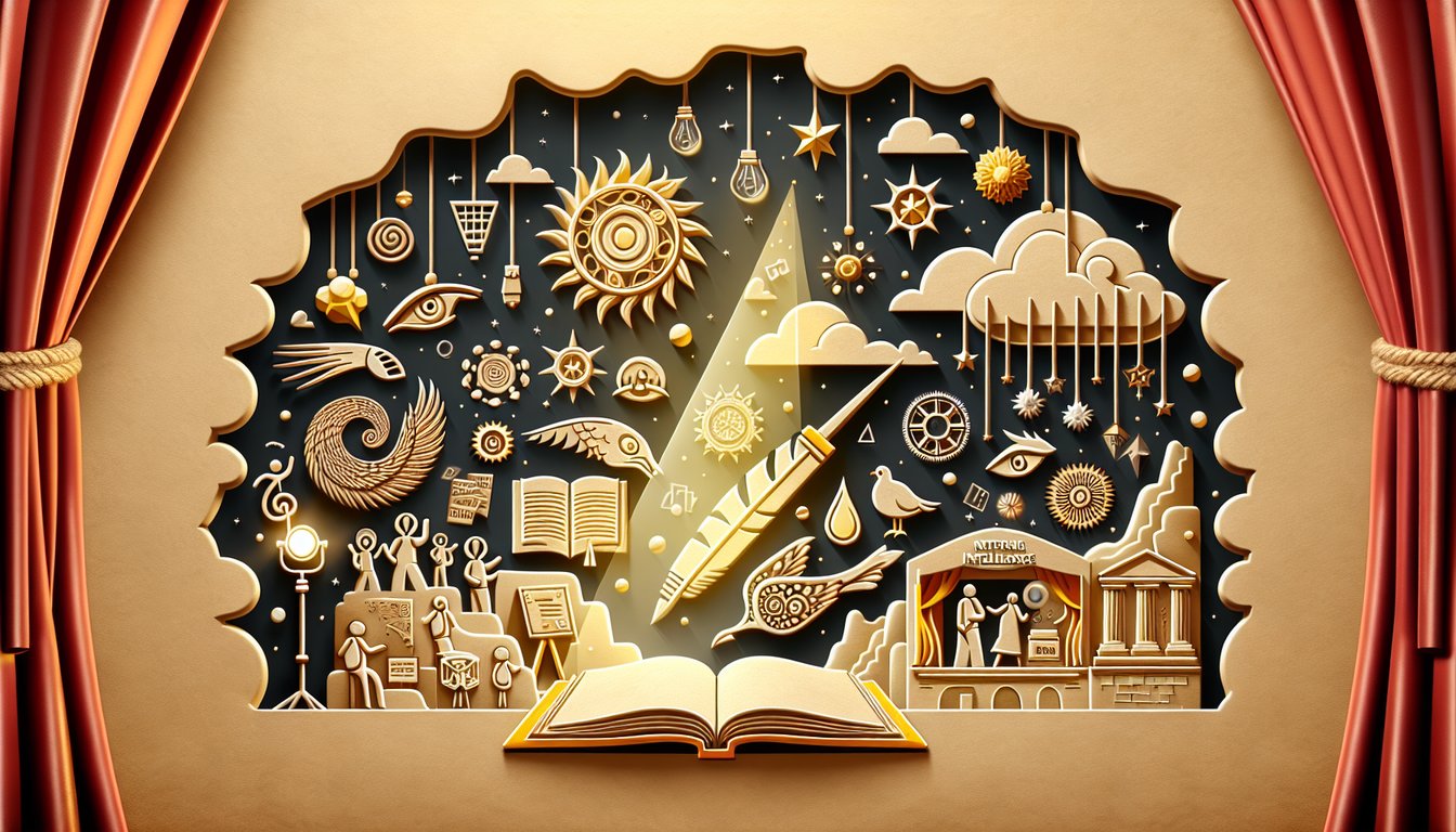 Paper art book and pencil on golden yellow background invites you to free storytelling quiz boosting narrative intelligence