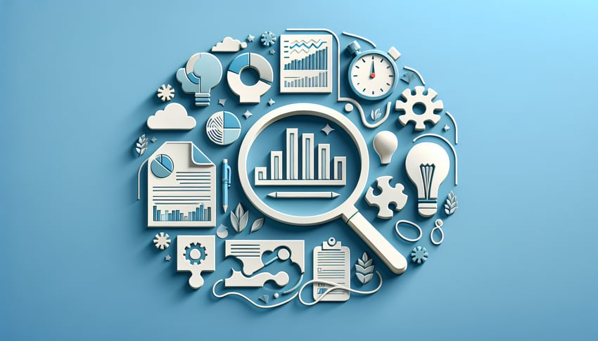 Paper art illustration of business analysis quiz concept with charts, documents and gears on sky blue background