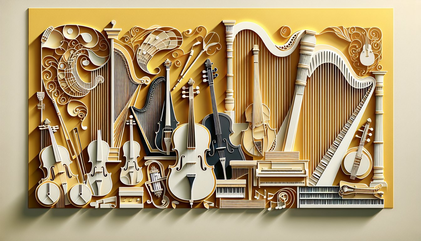 paper art scene featuring composer bust silhouette and musical notes on golden yellow background for classical composer quiz