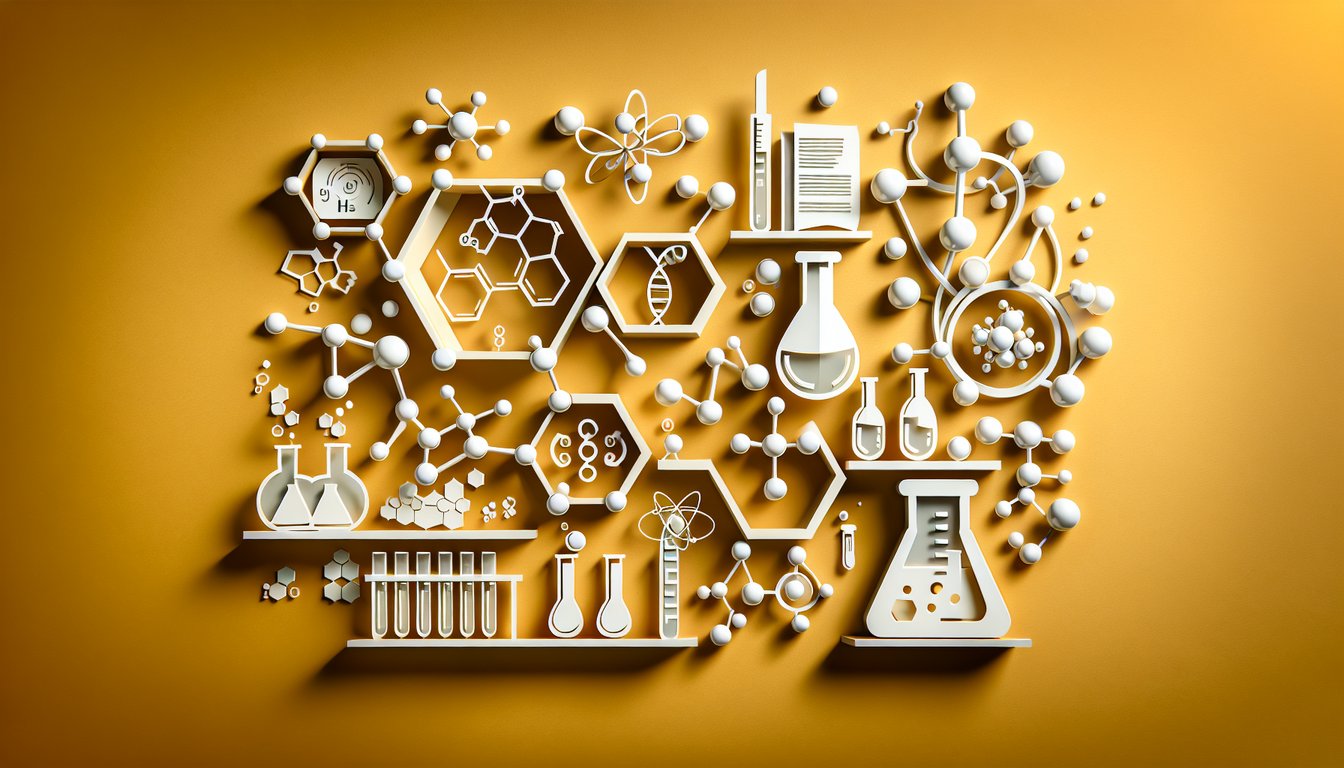 paper art quiz illustration with chemistry glassware molecules testing reaction skills on a golden yellow background.