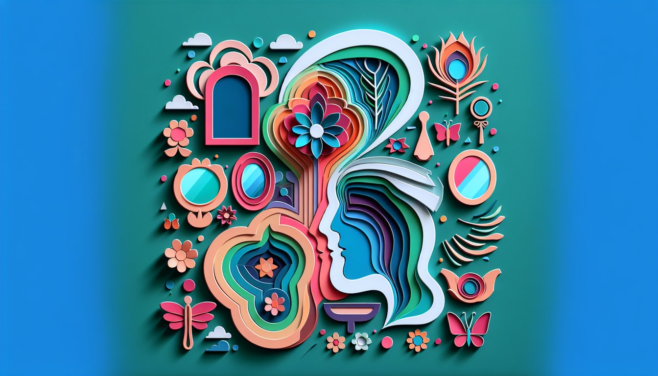 Paper art illustration for beauty perception quiz on a teal background