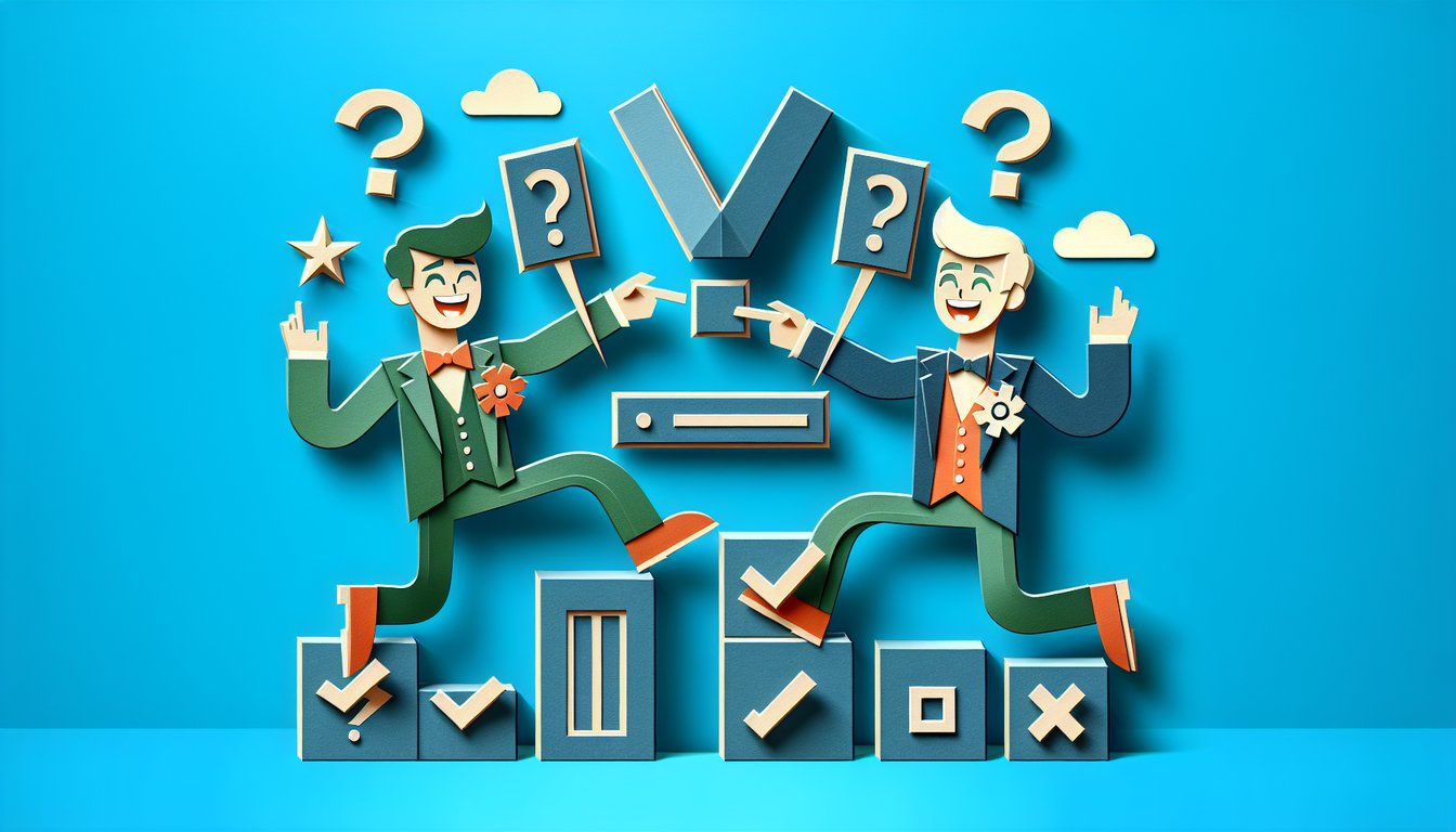 Paper art illustration showing two friends with quiz cards, question marks, and playful icons on teal background
