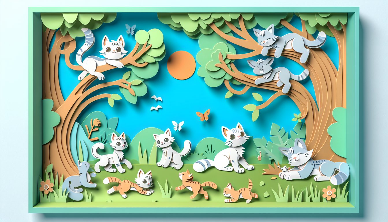 Paper art collage with torn paper framing warrior cat silhouettes and ThunderClan alter ego quiz title on sky blue background