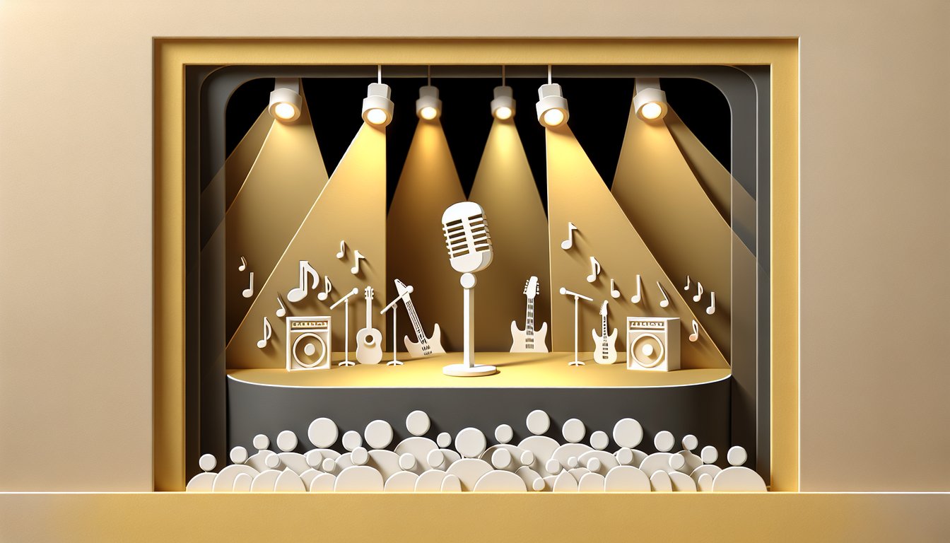 Paper art illustration with Marilyn Manson silhouette music notes question marks quiz text on golden yellow background