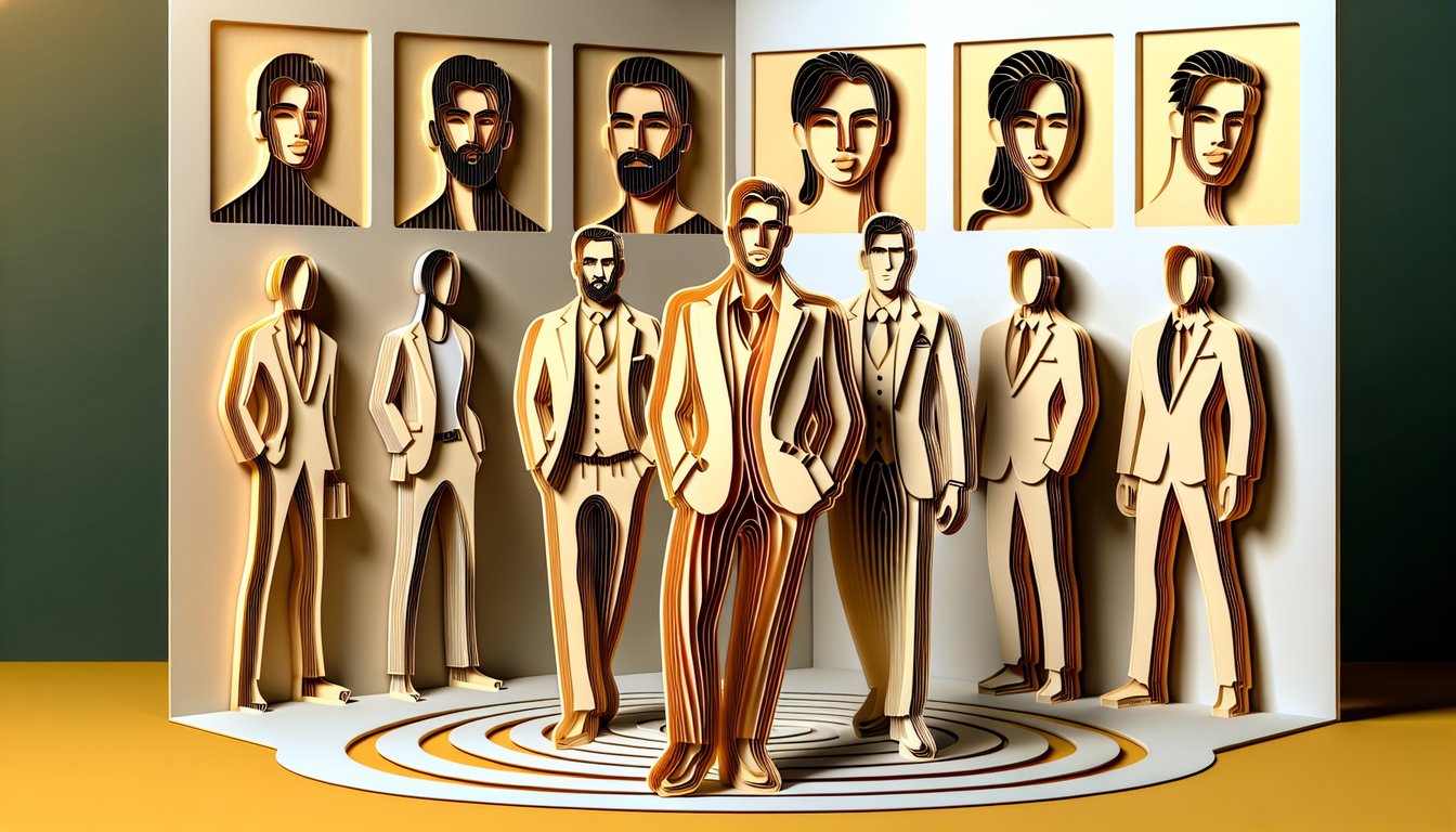 Paper art illustration for quiz to find out male celebrity look-alike on golden yellow background