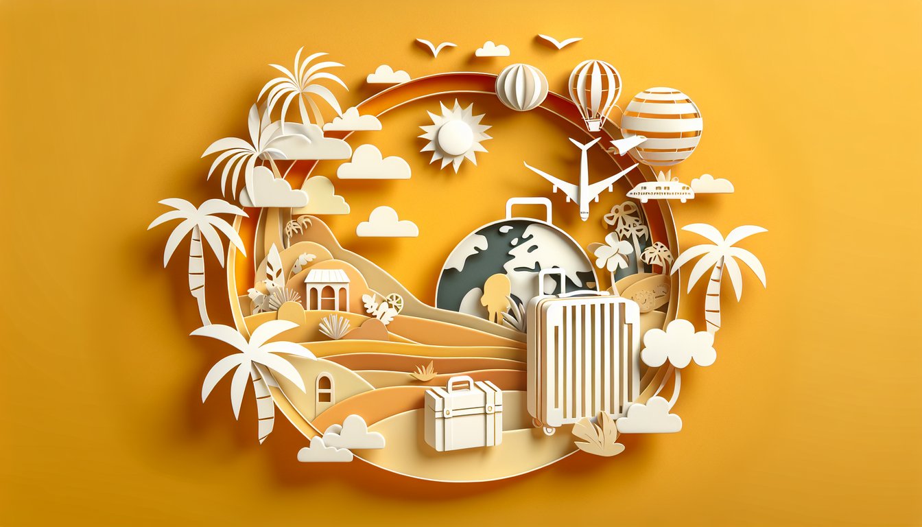 paper art illustration with tropical leaves airplane heart icons for free honeymoon quiz on golden yellow background
