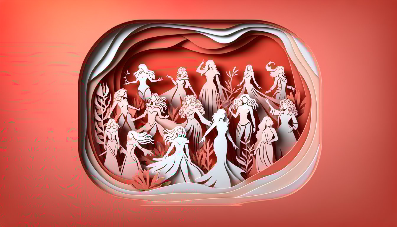 Paper art silhouettes of powerful fictional women with crowns and capes on coral background