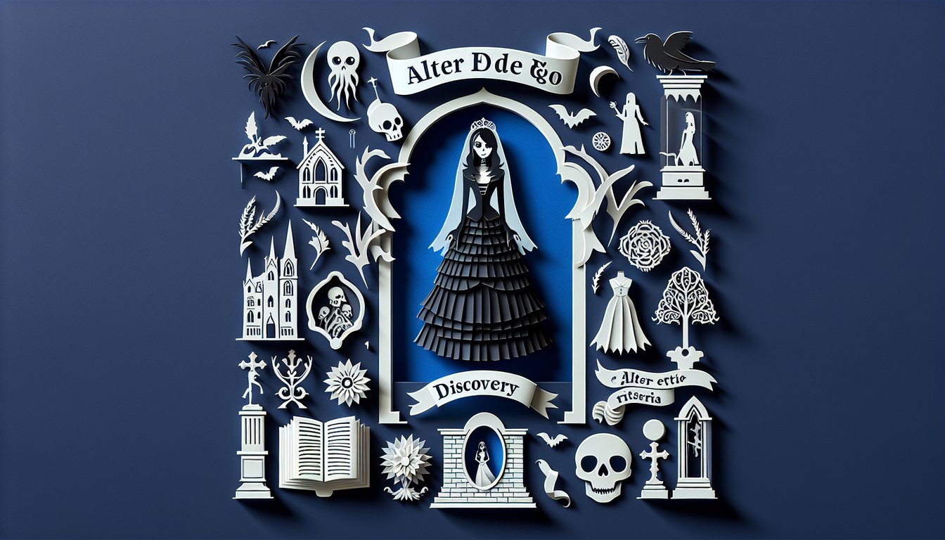 Layered paper art gothic bride silhouette with skeletal face ornate frame and Corpse Bride quiz text on dark blue background