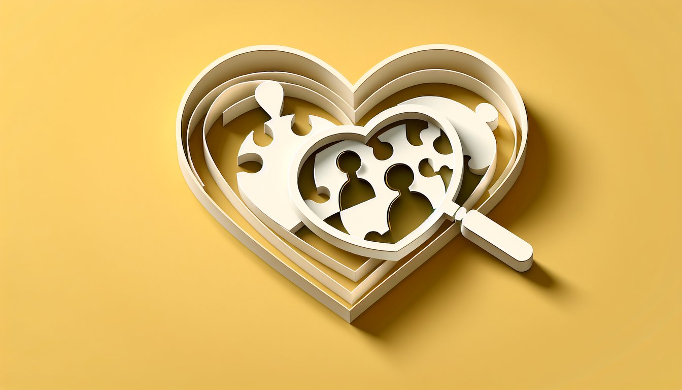 Paper art illustration for relationship self-assessment quiz on a golden yellow background