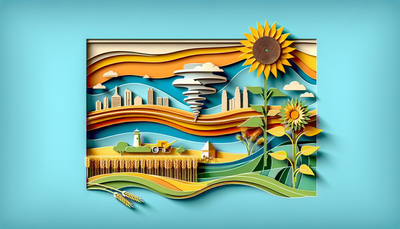 Paper art Kansas silhouette with landmarks compass history icons quiz design on sky blue background