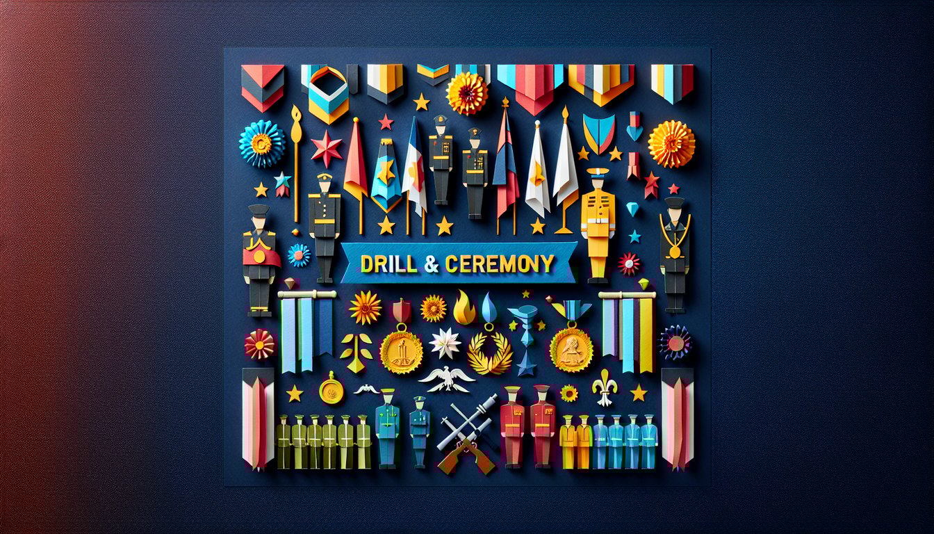 Paper art representing a Drill  Ceremony Challenge trivia quiz for military protocol mastery assessment.