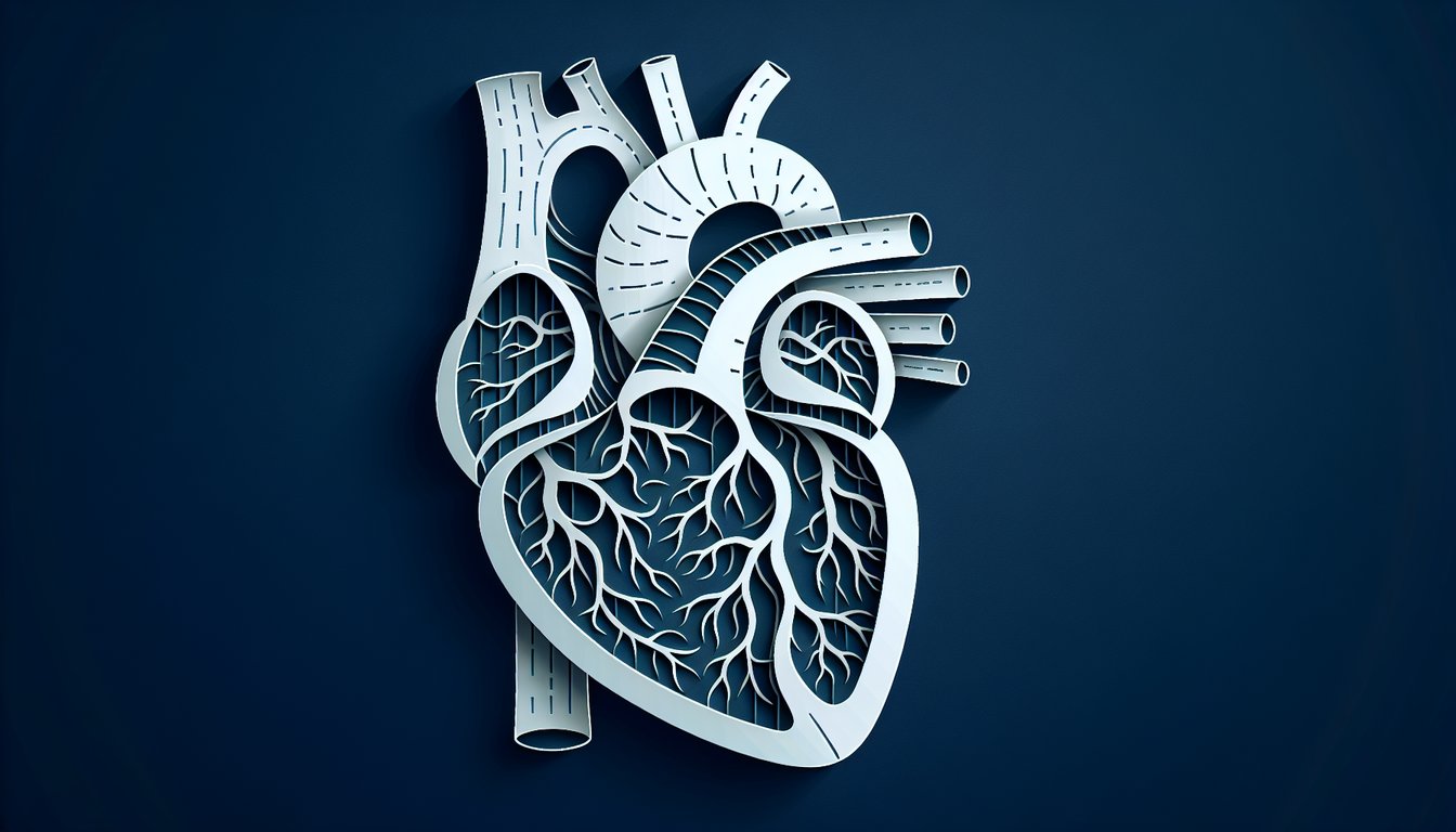 paper art illustration of human heart showing four chambers and vessels on dark blue background
