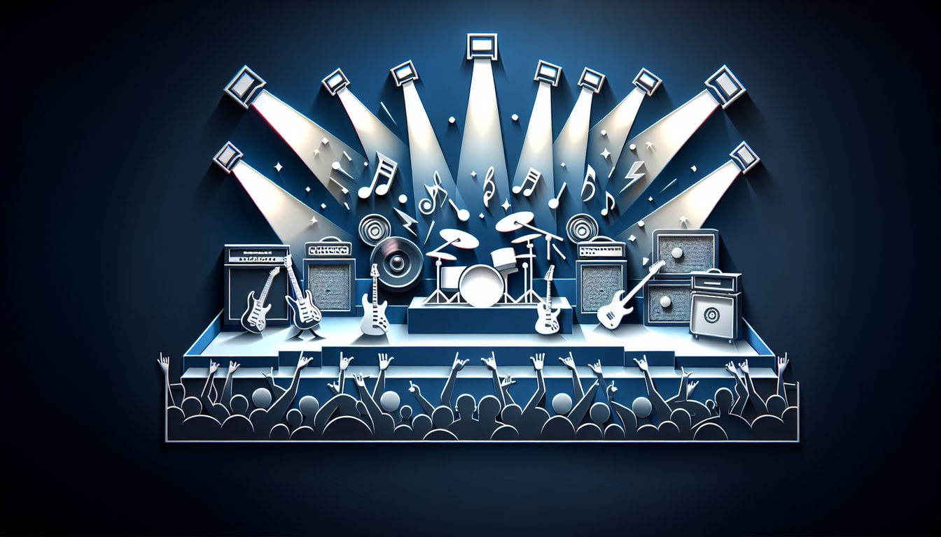 Paper art illustration of AC DC trivia quiz on dark blue background, with band silhouettes lightning bolts and concert scene